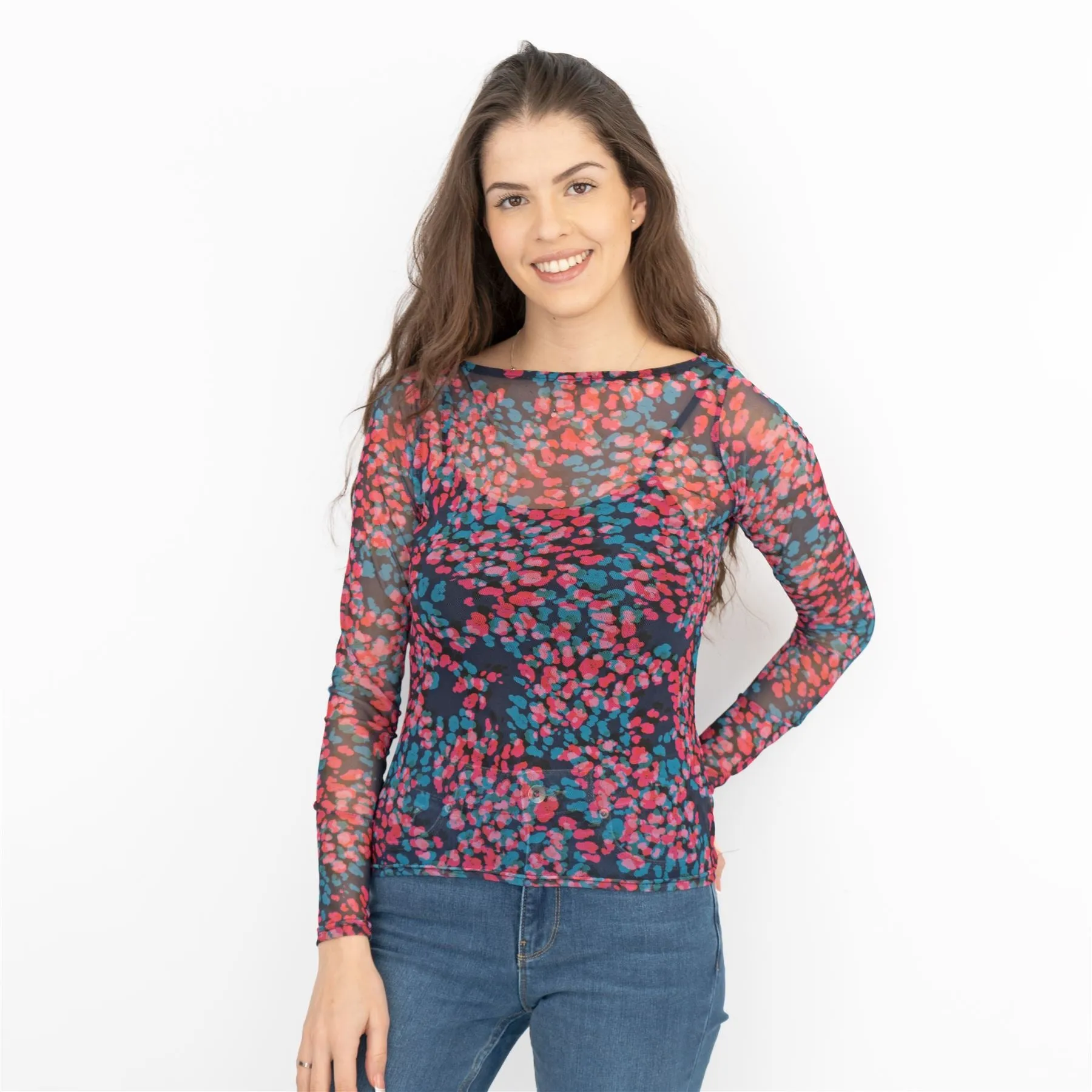 Coast Floral Long Sleeve Boat Neck Mesh Tops