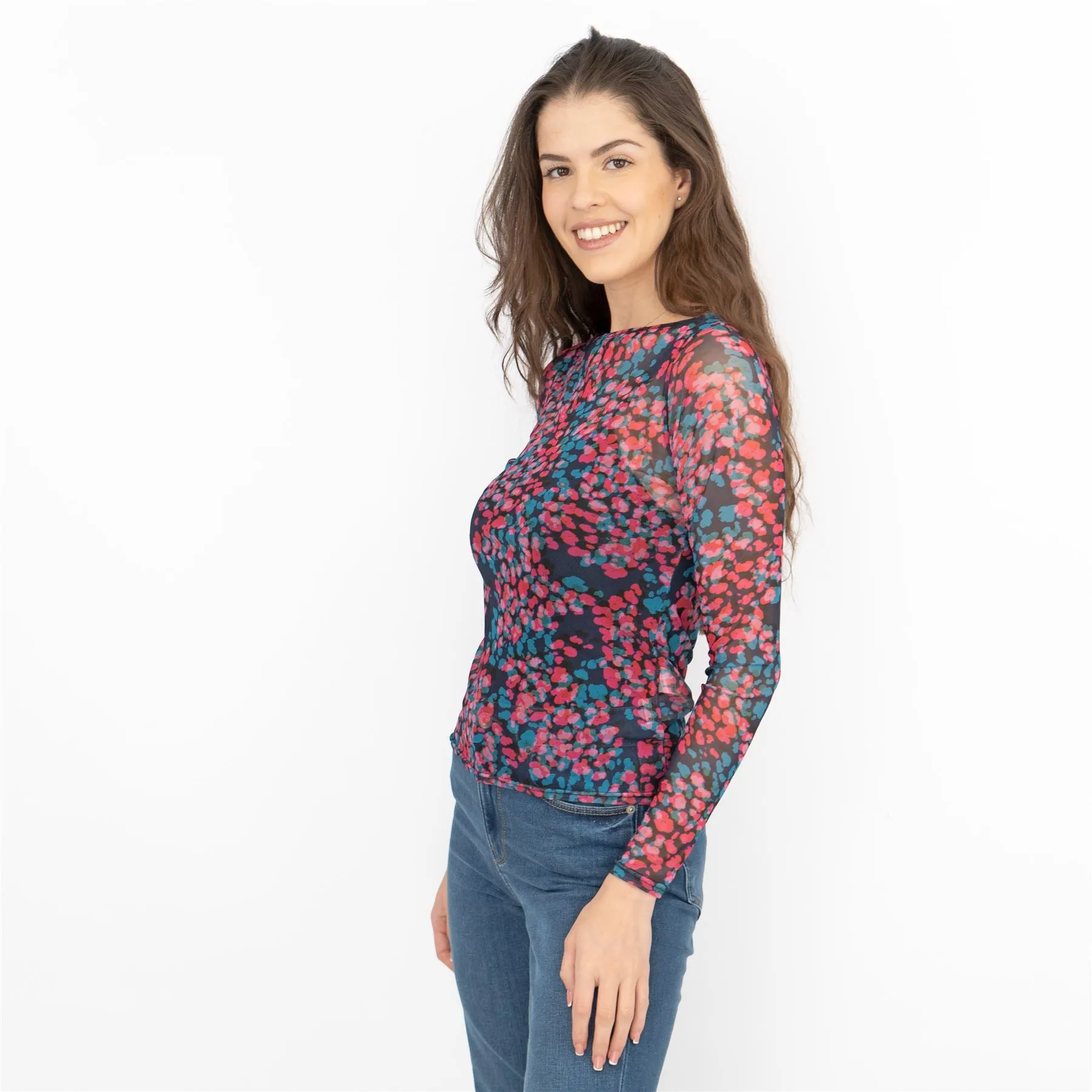 Coast Floral Long Sleeve Boat Neck Mesh Tops