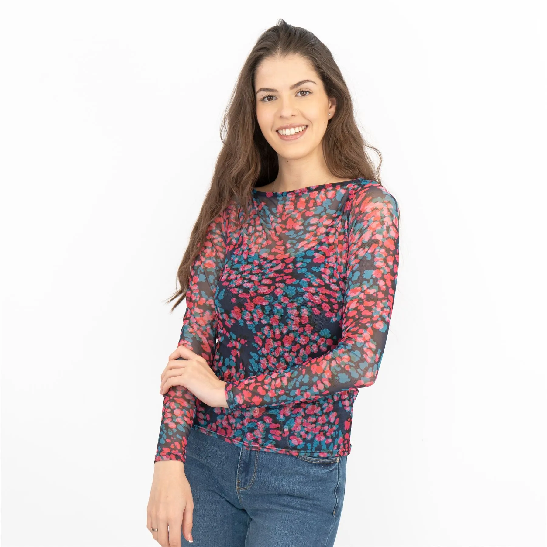 Coast Floral Long Sleeve Boat Neck Mesh Tops