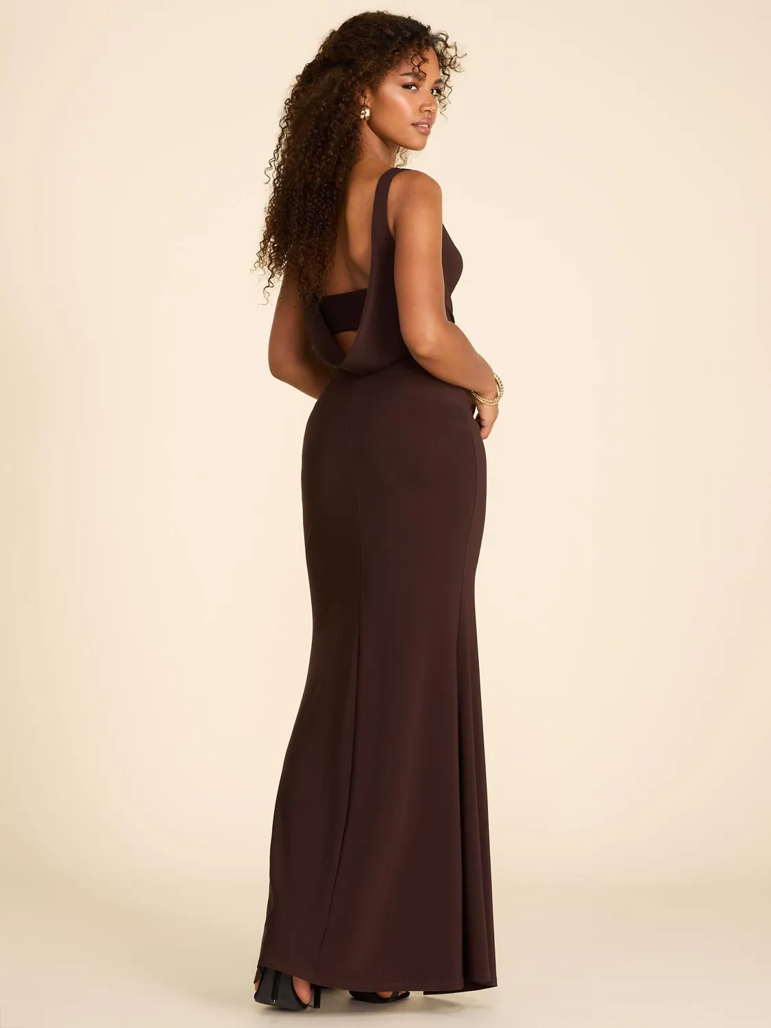 Cowl Neck Open Back Fitted Gown