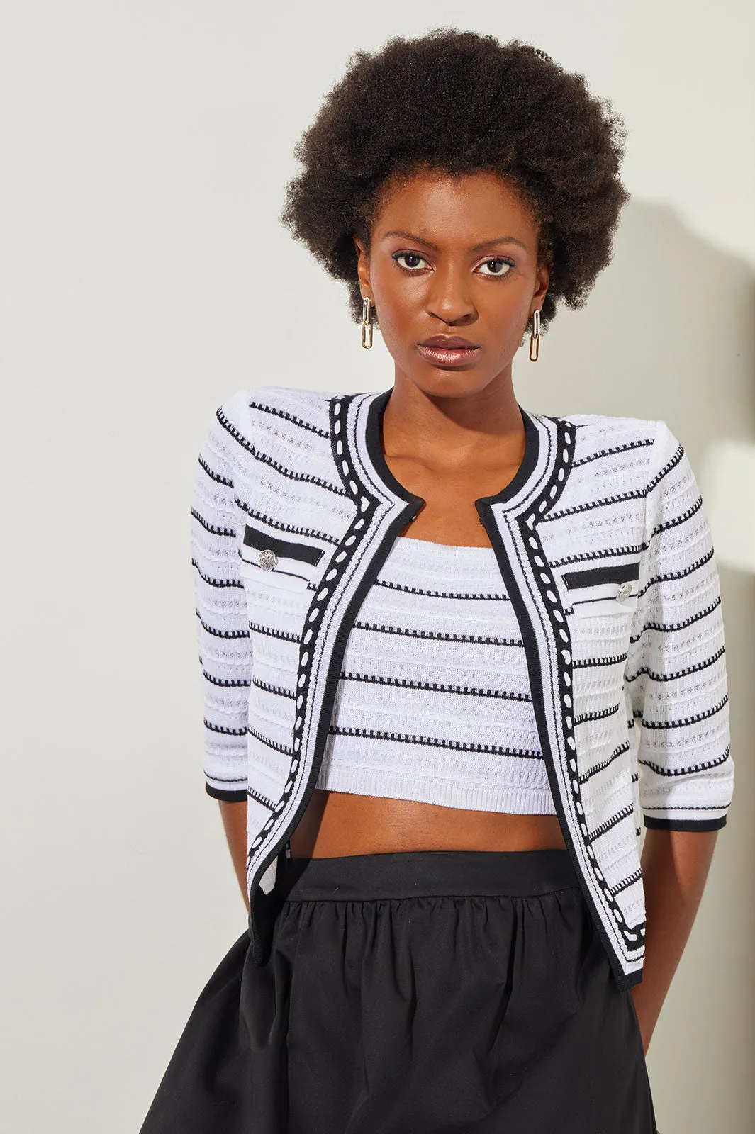 Cropped Jacket - Contrast Trim Striped Knit