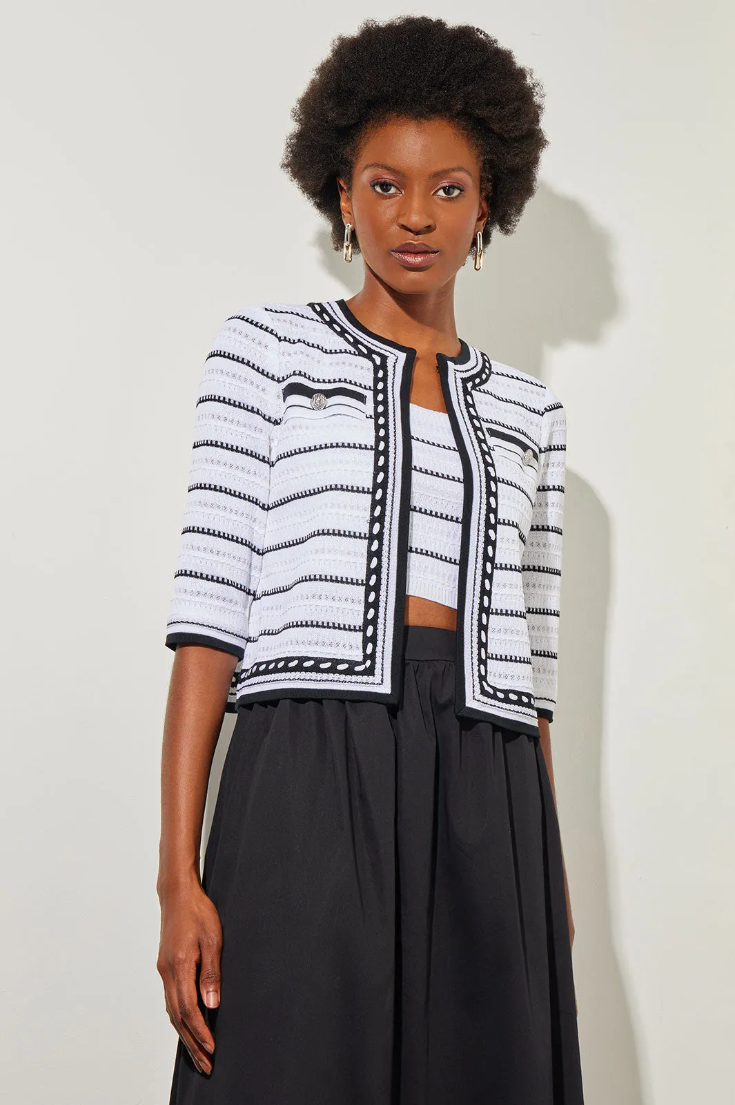 Cropped Jacket - Contrast Trim Striped Knit