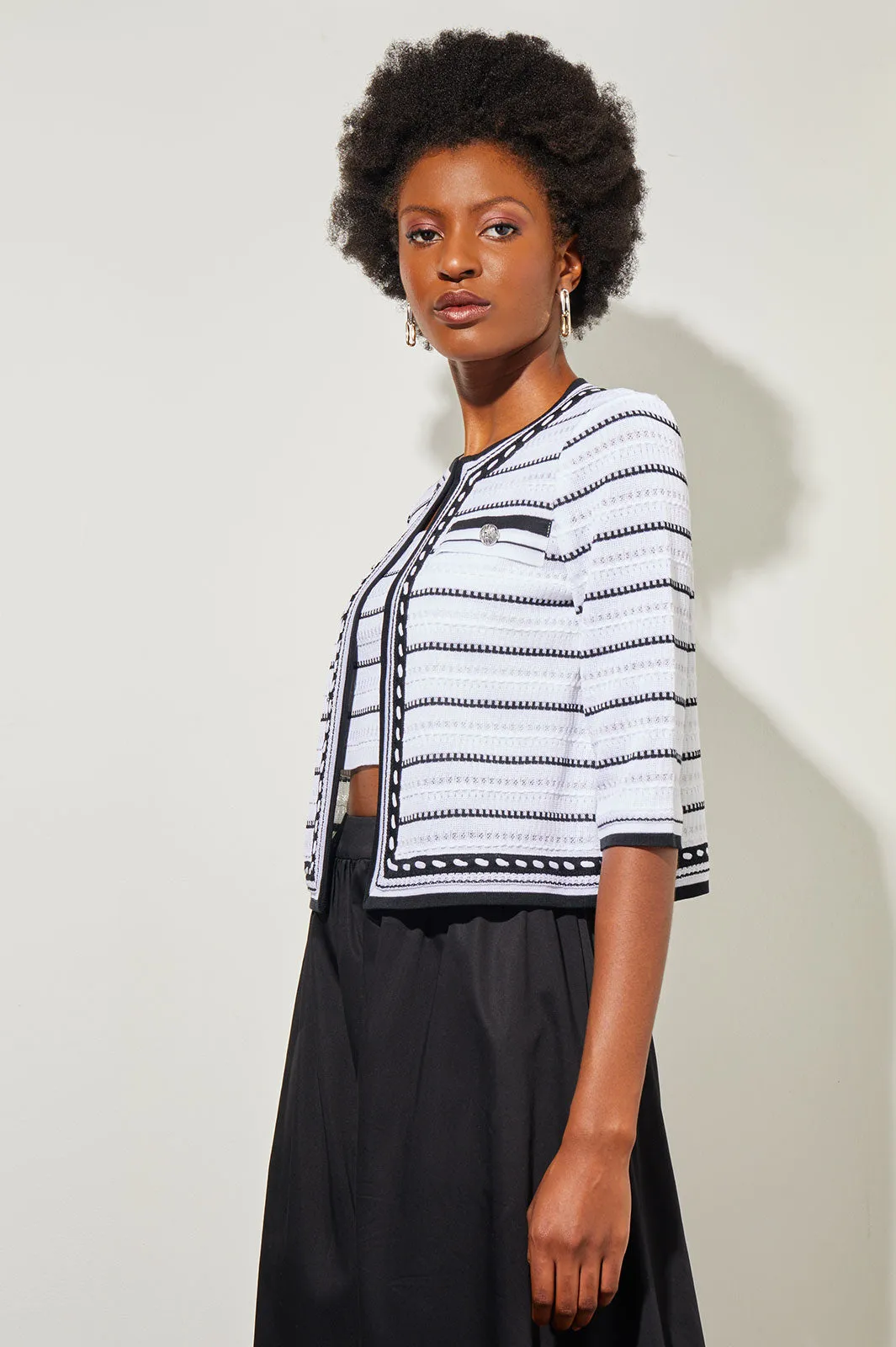 Cropped Jacket - Contrast Trim Striped Knit