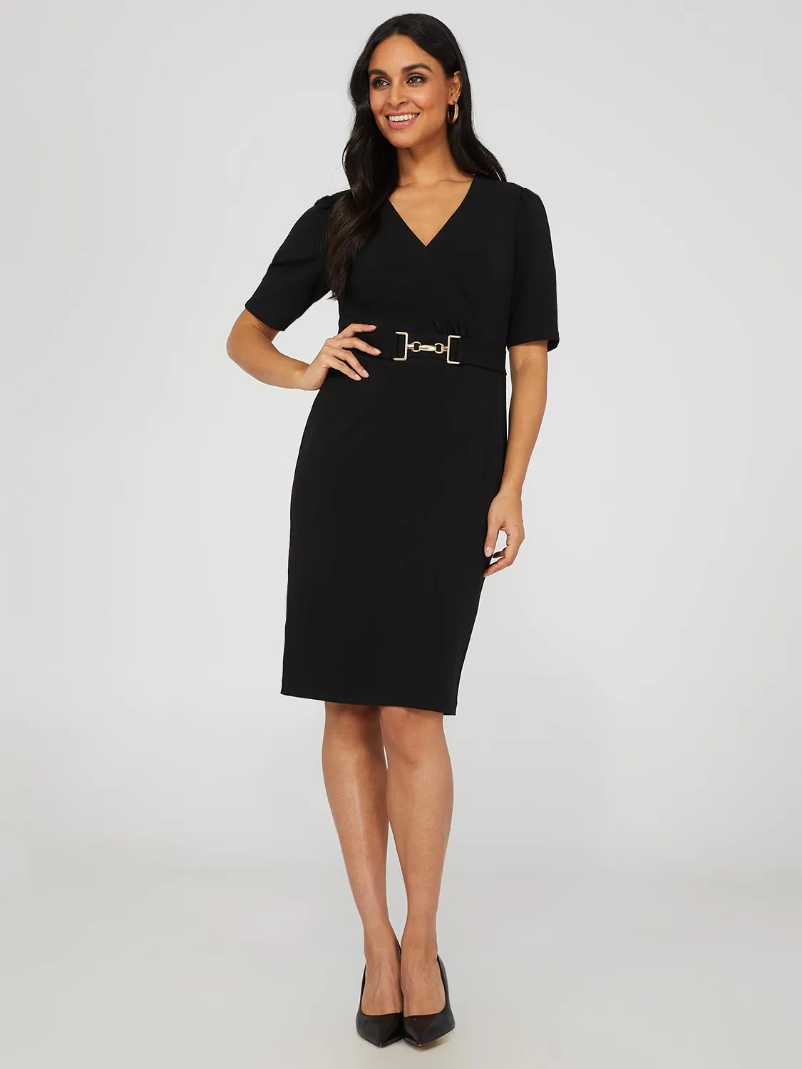 Crossover Crepe Sheath Dress With Belt