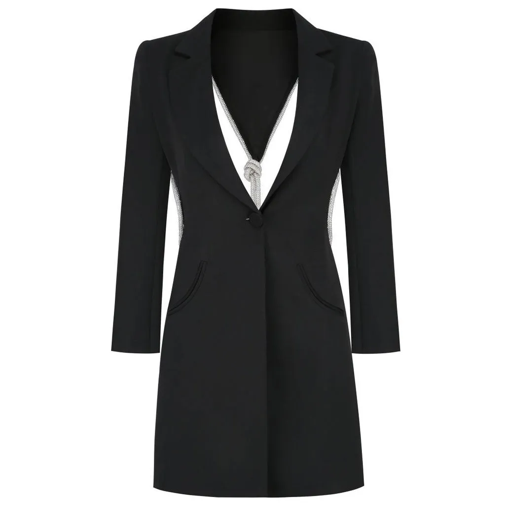 Crystal Knot Backless Single Breasted Tailored Blazer Mini Dress - Black