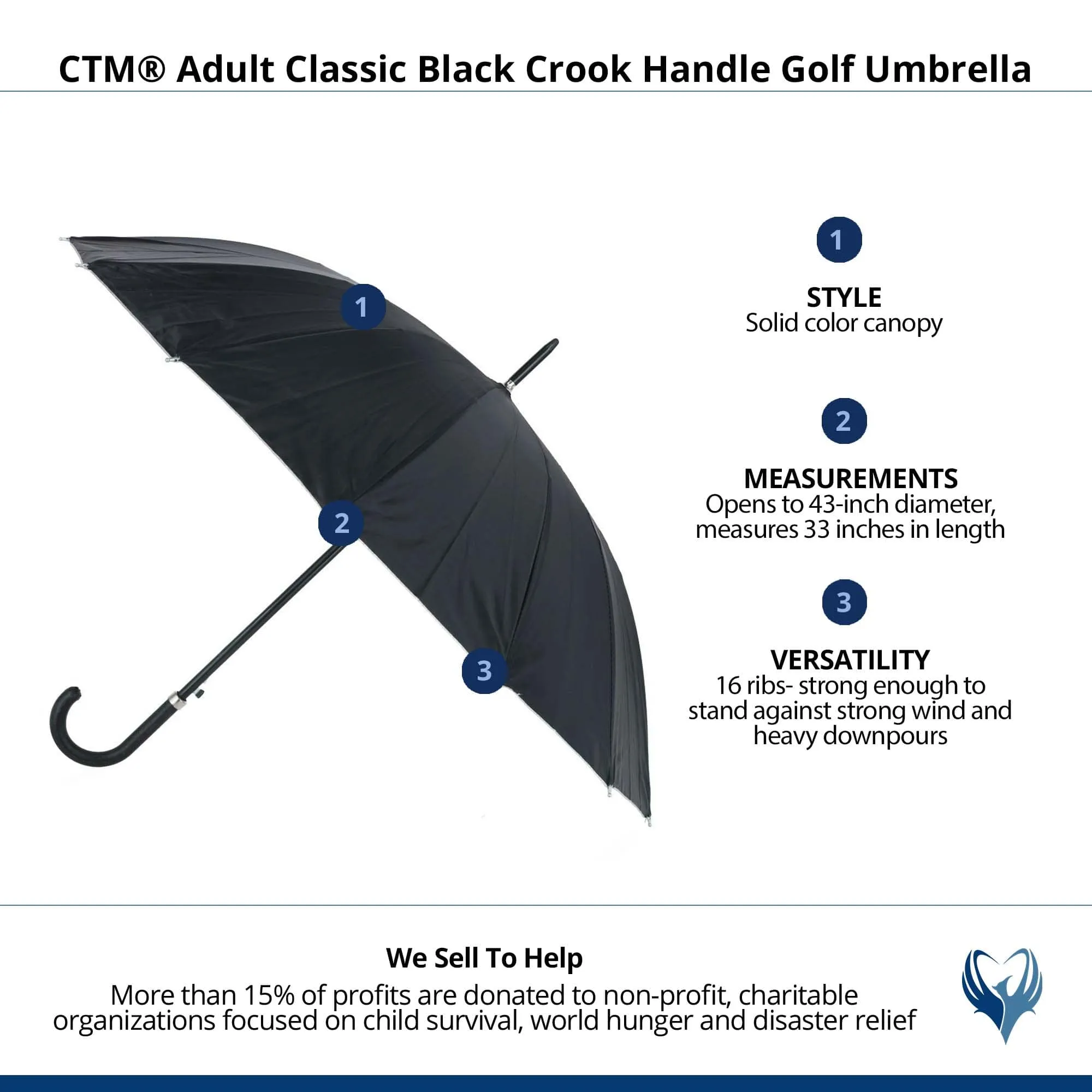 CTM® Adult Classic Black Crook Handle Golf Umbrella