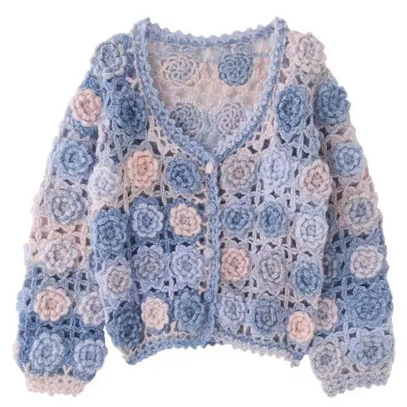 Cute Colorful Rosette Crochet Hand Knit Button Up Wool Blend Crop Cardigan