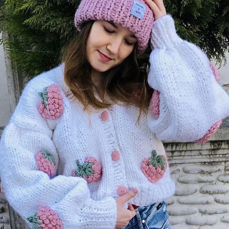 Cute Puff Sleeve Hand Knit Chunky Yarn Strawberry Cropped Cardigan