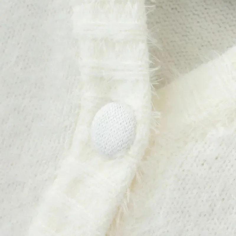 Cute V Neck Button Up Long Sleeve White Eyelash Mohair Cardigan