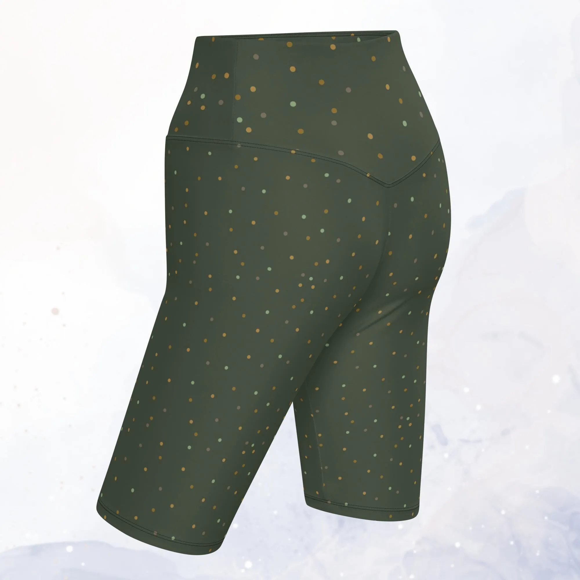 Dark Green Gold Dots Long Biking Yoga Shorts