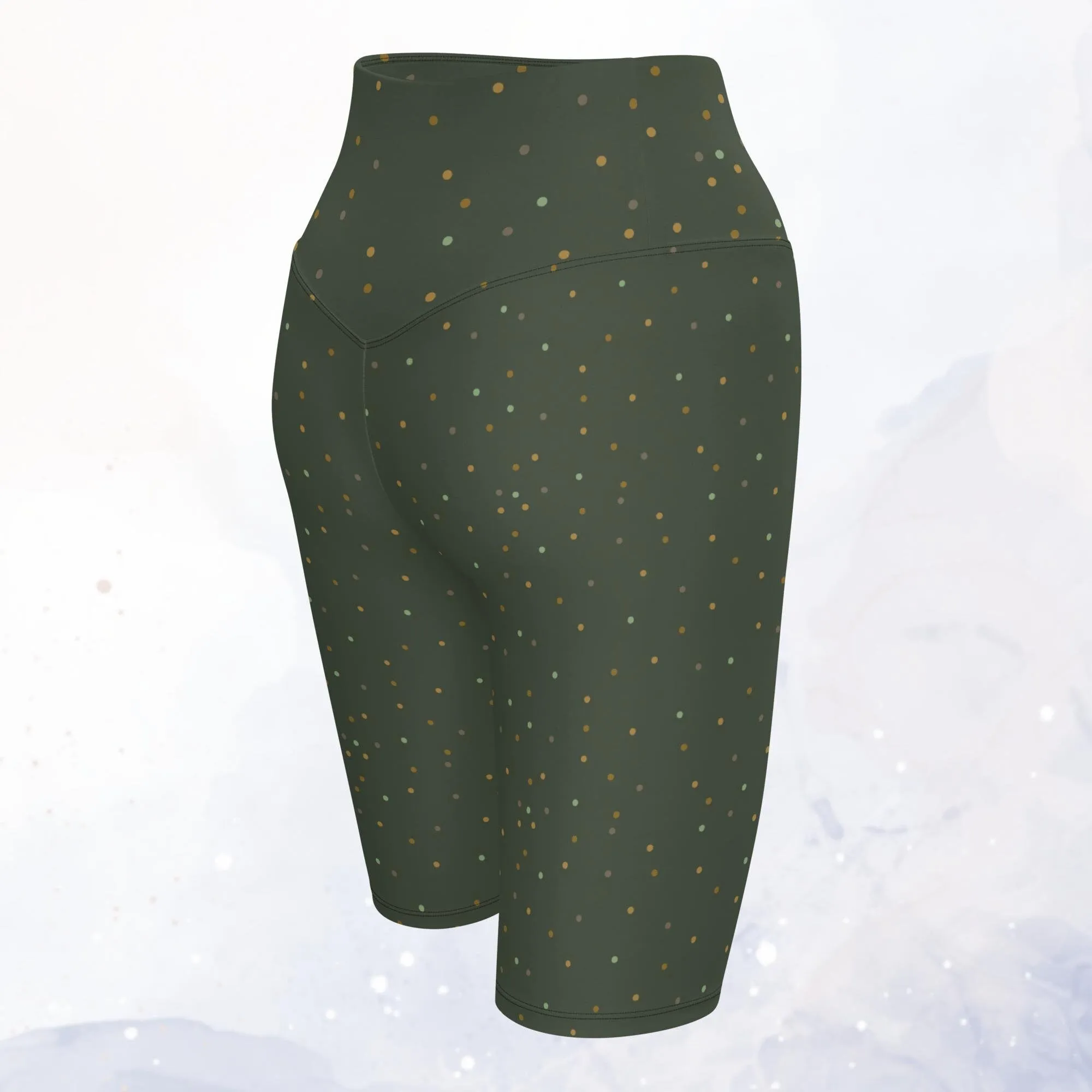 Dark Green Gold Dots Long Biking Yoga Shorts