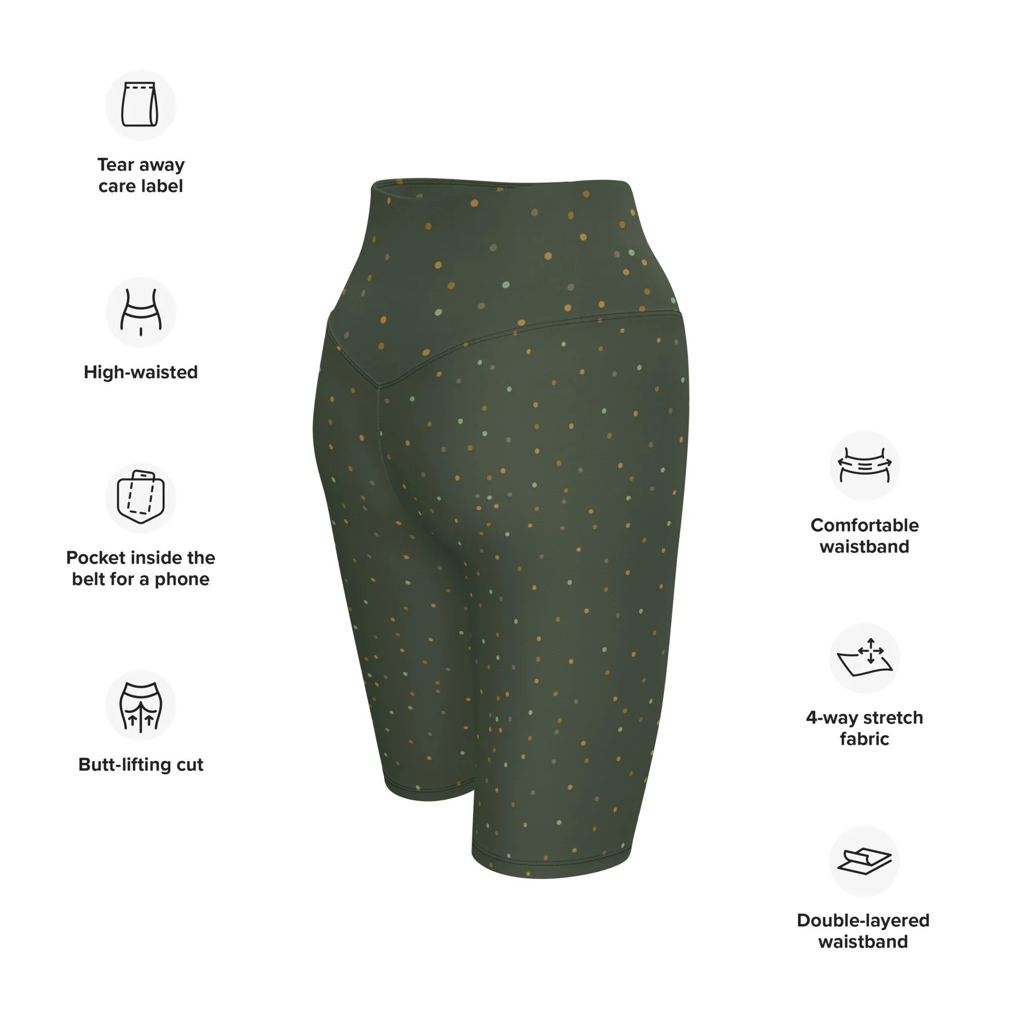 Dark Green Gold Dots Long Biking Yoga Shorts