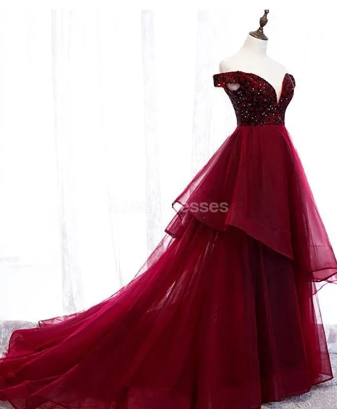 Dark Red Off Shoulder Ruffle Long Evening Prom Dresses, Evening Party Prom Dresses, 12217