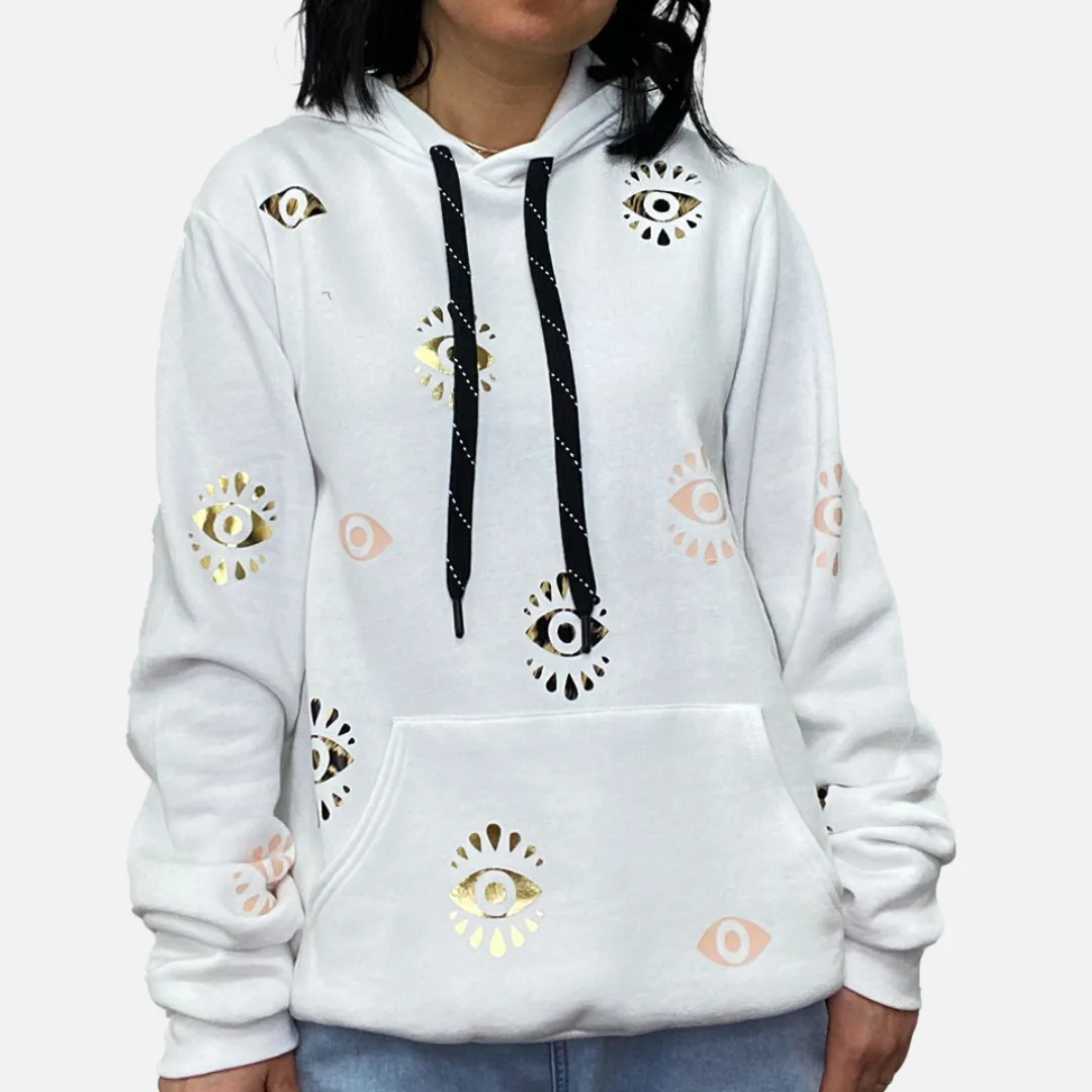 Dean White Hoodie Sweatshirt - Gold Foil Blush Cheetah Evil Eyes