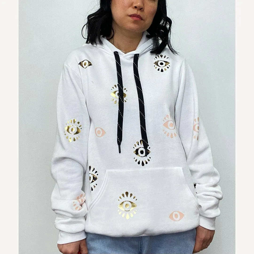 Dean White Hoodie Sweatshirt - Gold Foil Blush Cheetah Evil Eyes