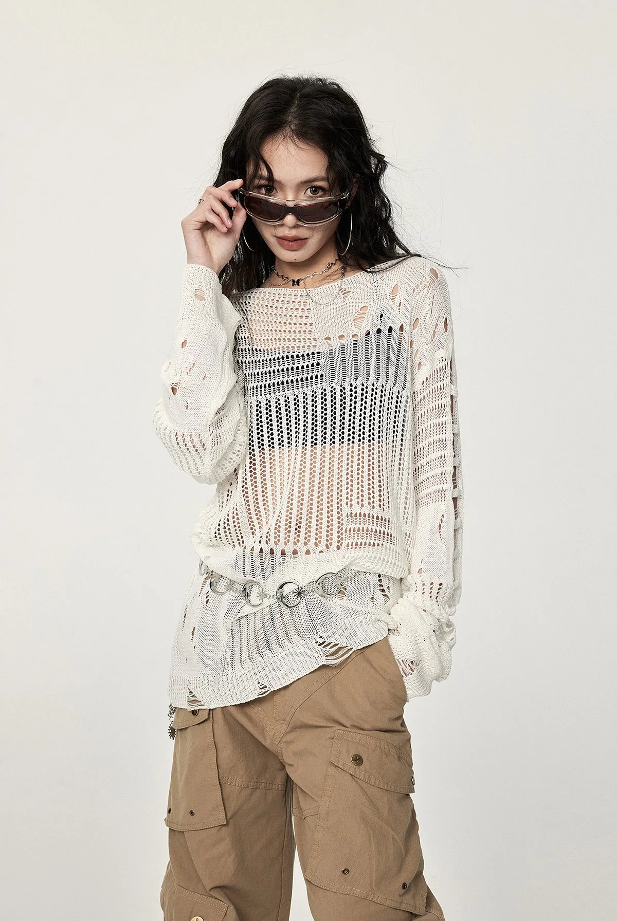 Distressed Knit Long Sleeve Sweater with Sheer Panels