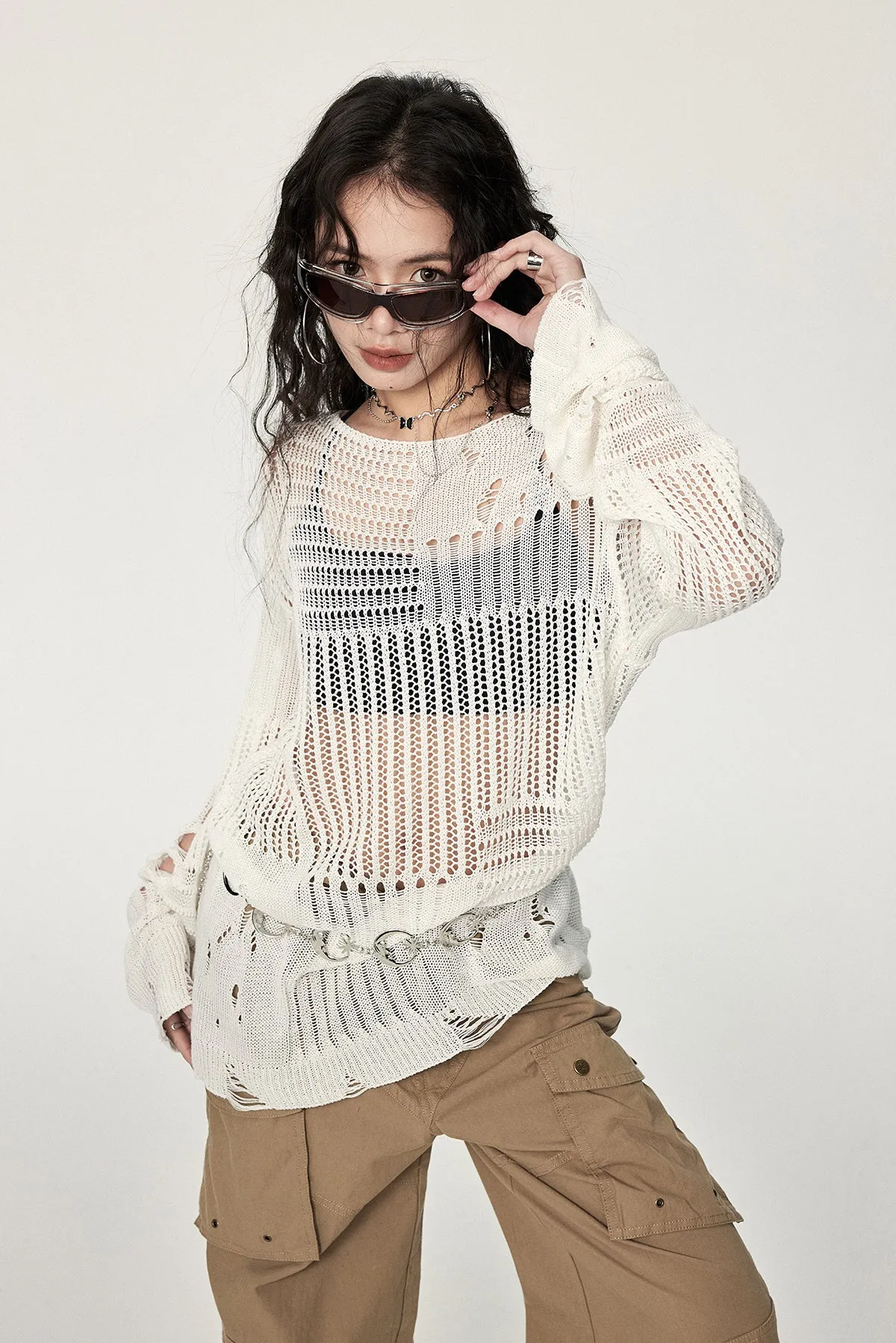 Distressed Knit Long Sleeve Sweater with Sheer Panels