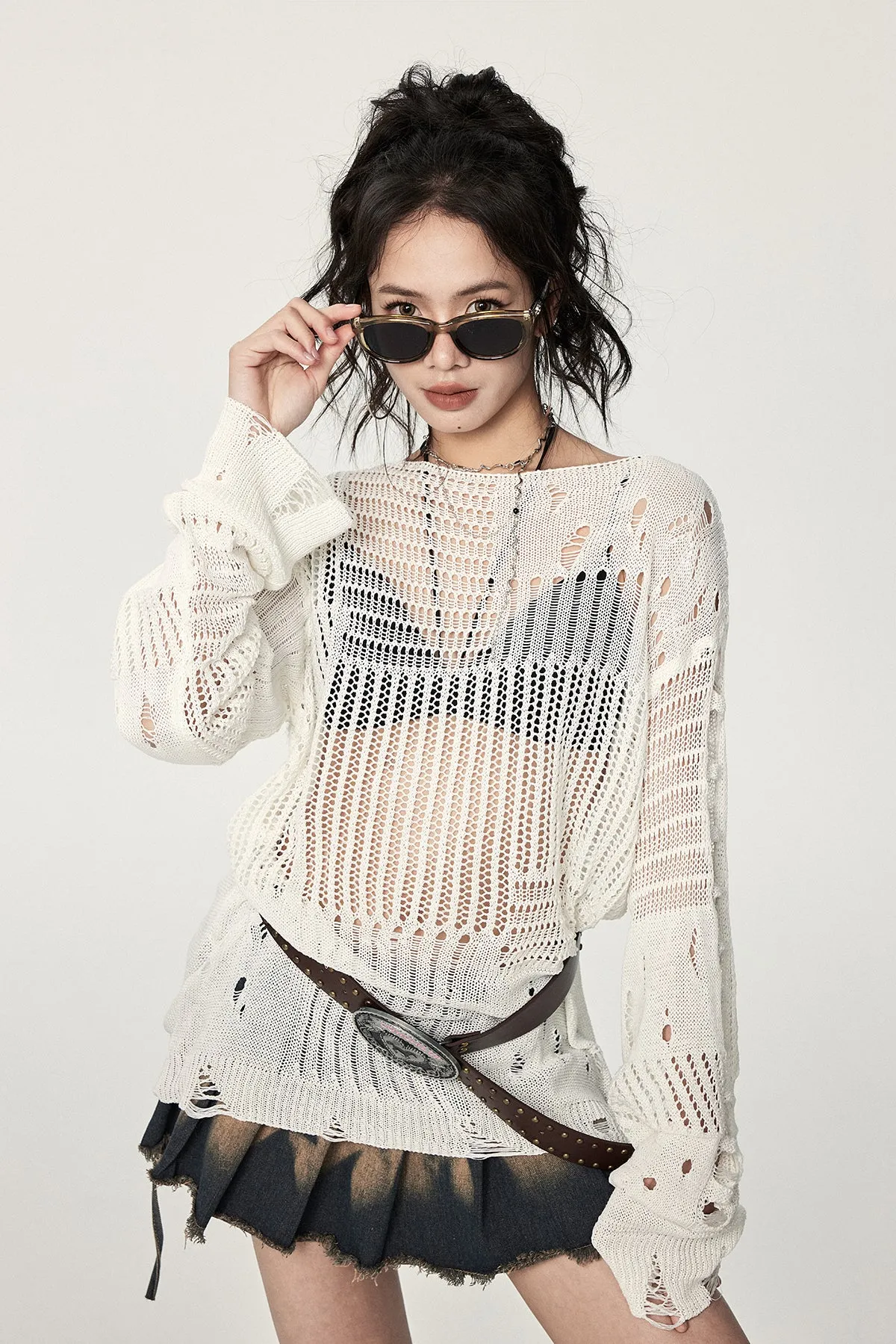 Distressed Knit Long Sleeve Sweater with Sheer Panels