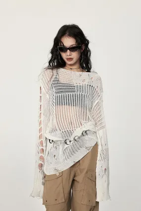 Distressed Knit Long Sleeve Sweater with Sheer Panels