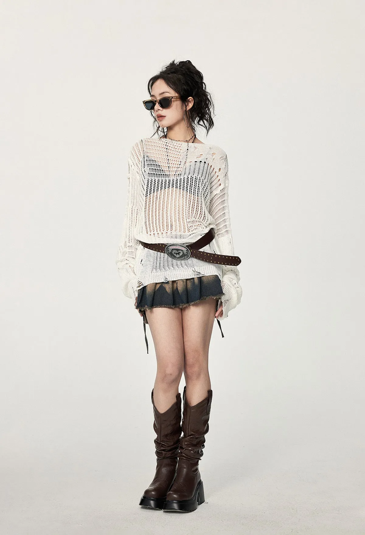 Distressed Knit Long Sleeve Sweater with Sheer Panels