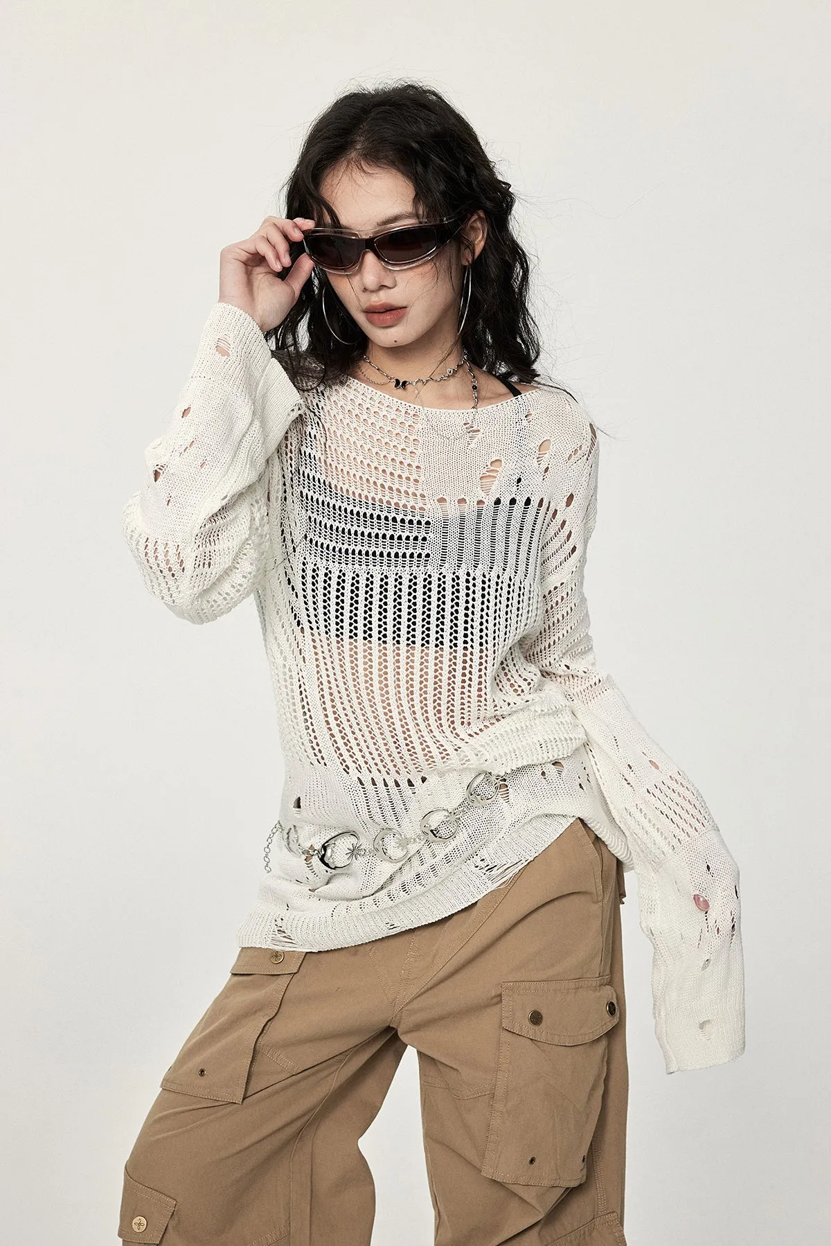 Distressed Knit Long Sleeve Sweater with Sheer Panels