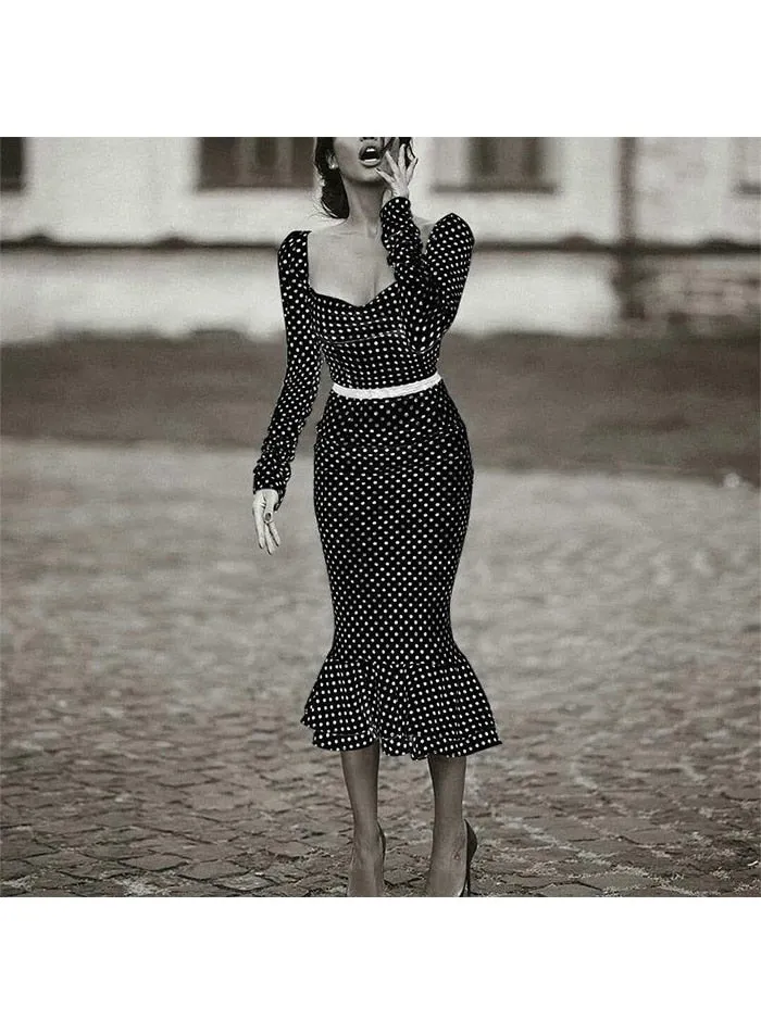 Elegant Pencil Strap Polka Dot Mermaid Midi Dress