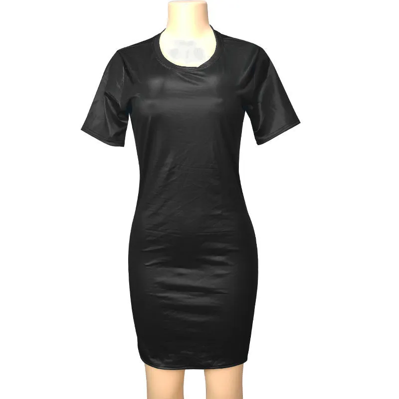 Faux Leather Long Sleeve Round Neck Knee Sheath Tight Dress