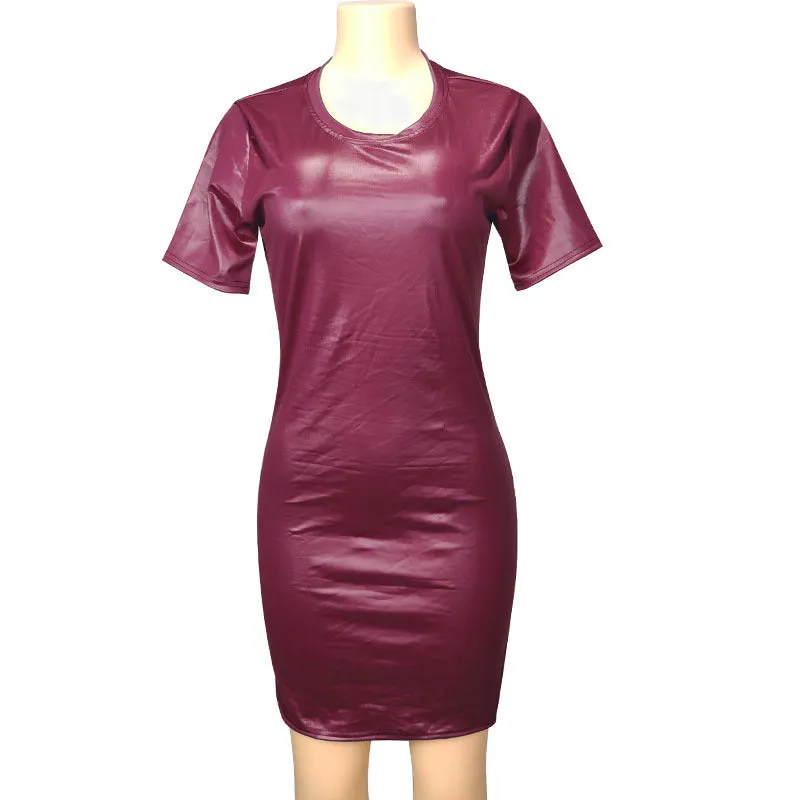 Faux Leather Long Sleeve Round Neck Knee Sheath Tight Dress