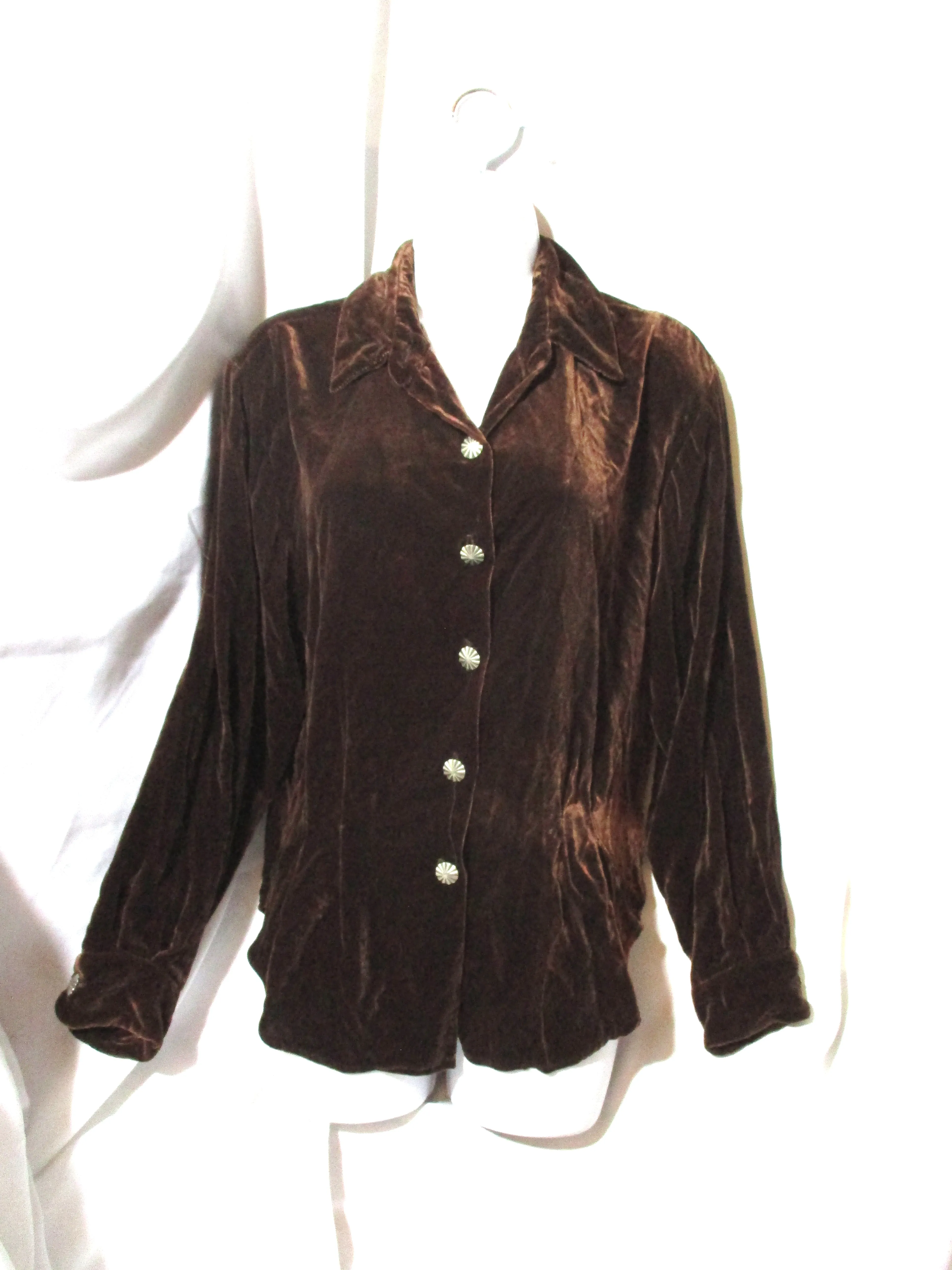 FLATIRON WORKSHOP NYC Steampunk Velvet Silver Button Up Shirt Top 3