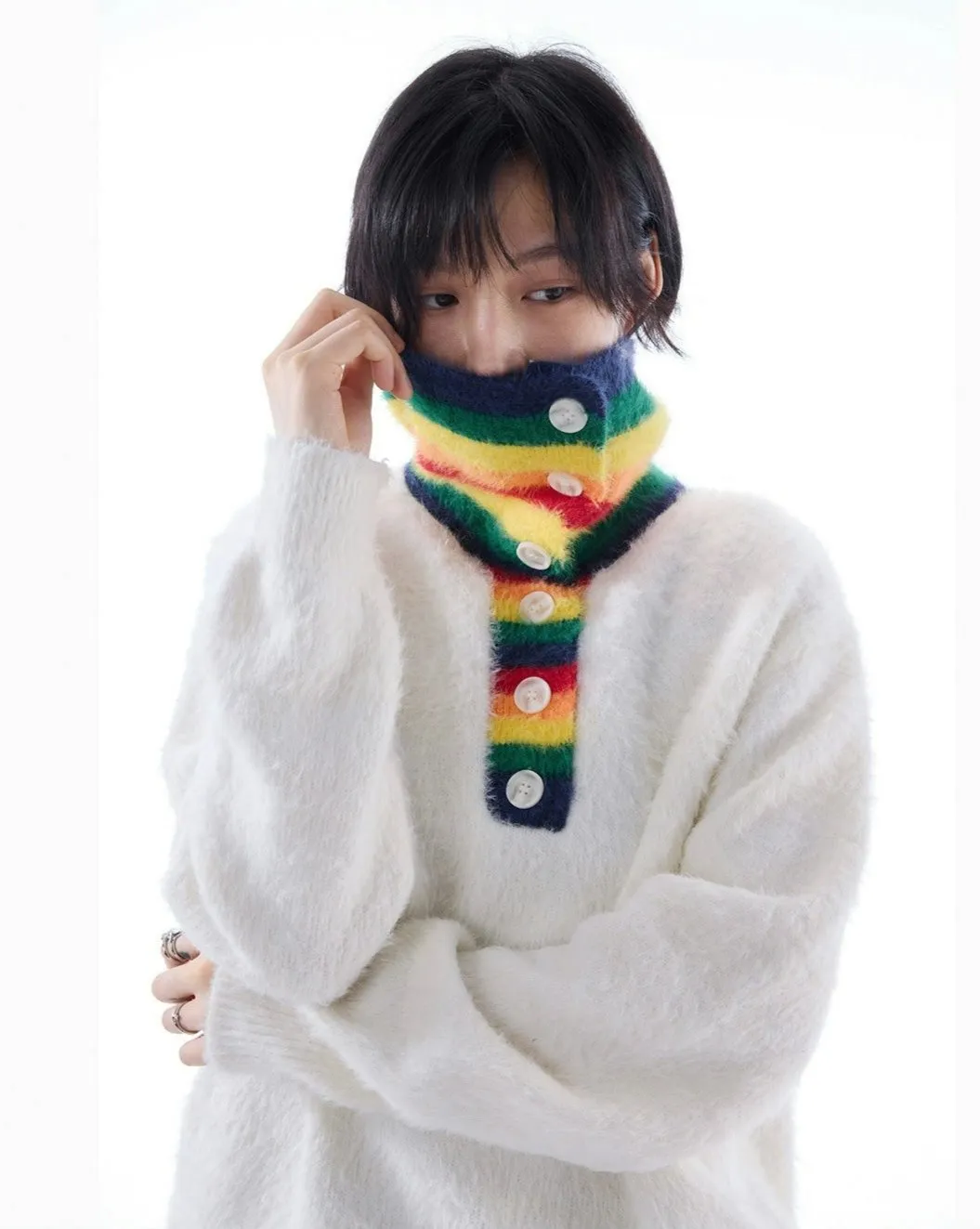 Fuzzy Oversized Sweater with Rainbow Collar Detail