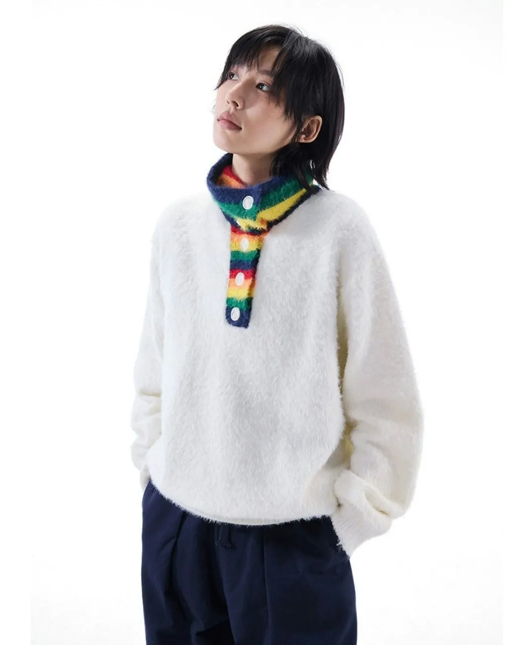 Fuzzy Oversized Sweater with Rainbow Collar Detail