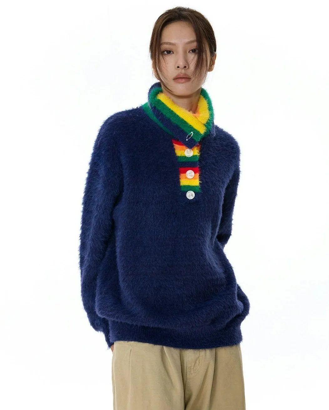 Fuzzy Oversized Sweater with Rainbow Collar Detail