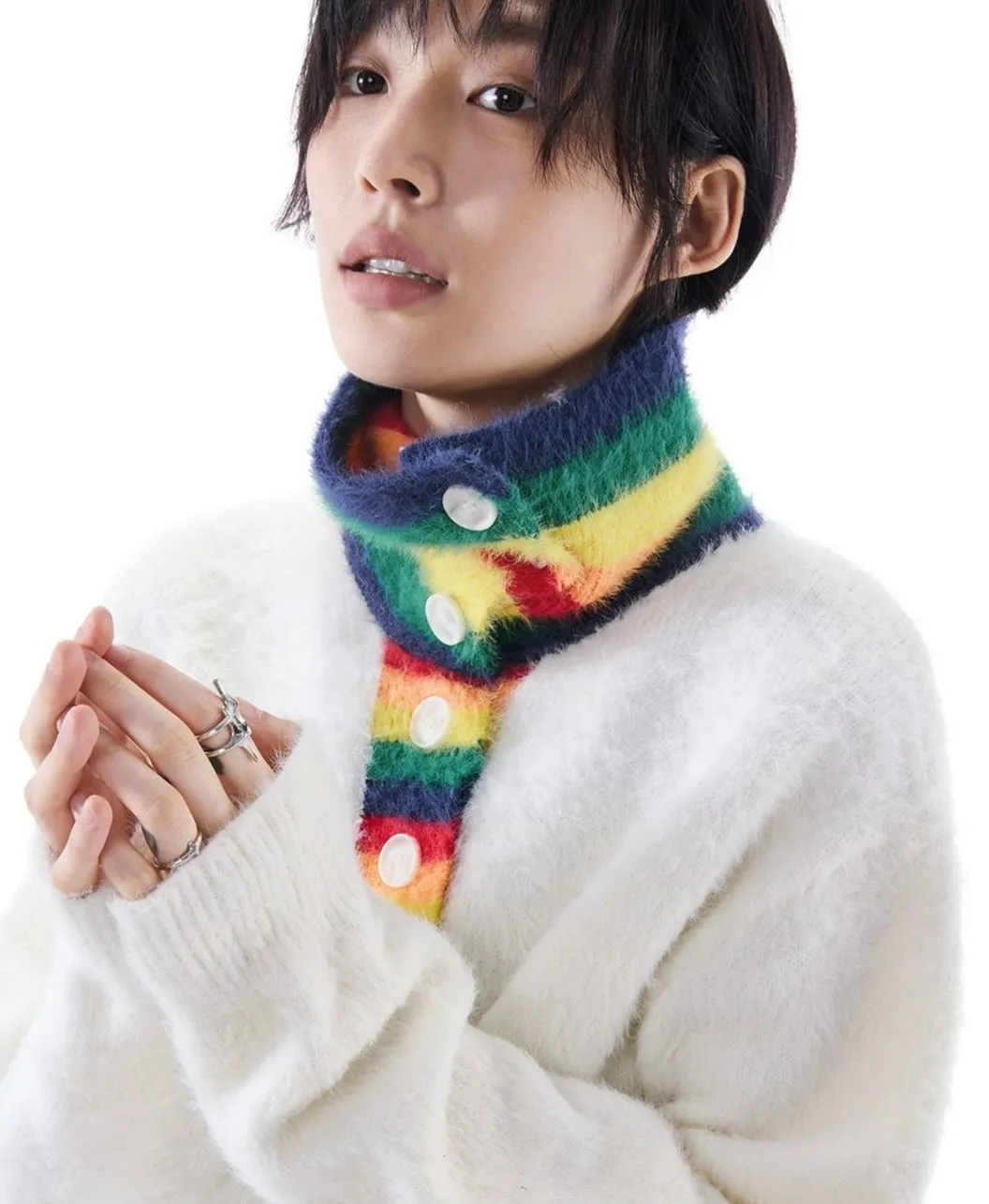 Fuzzy Oversized Sweater with Rainbow Collar Detail