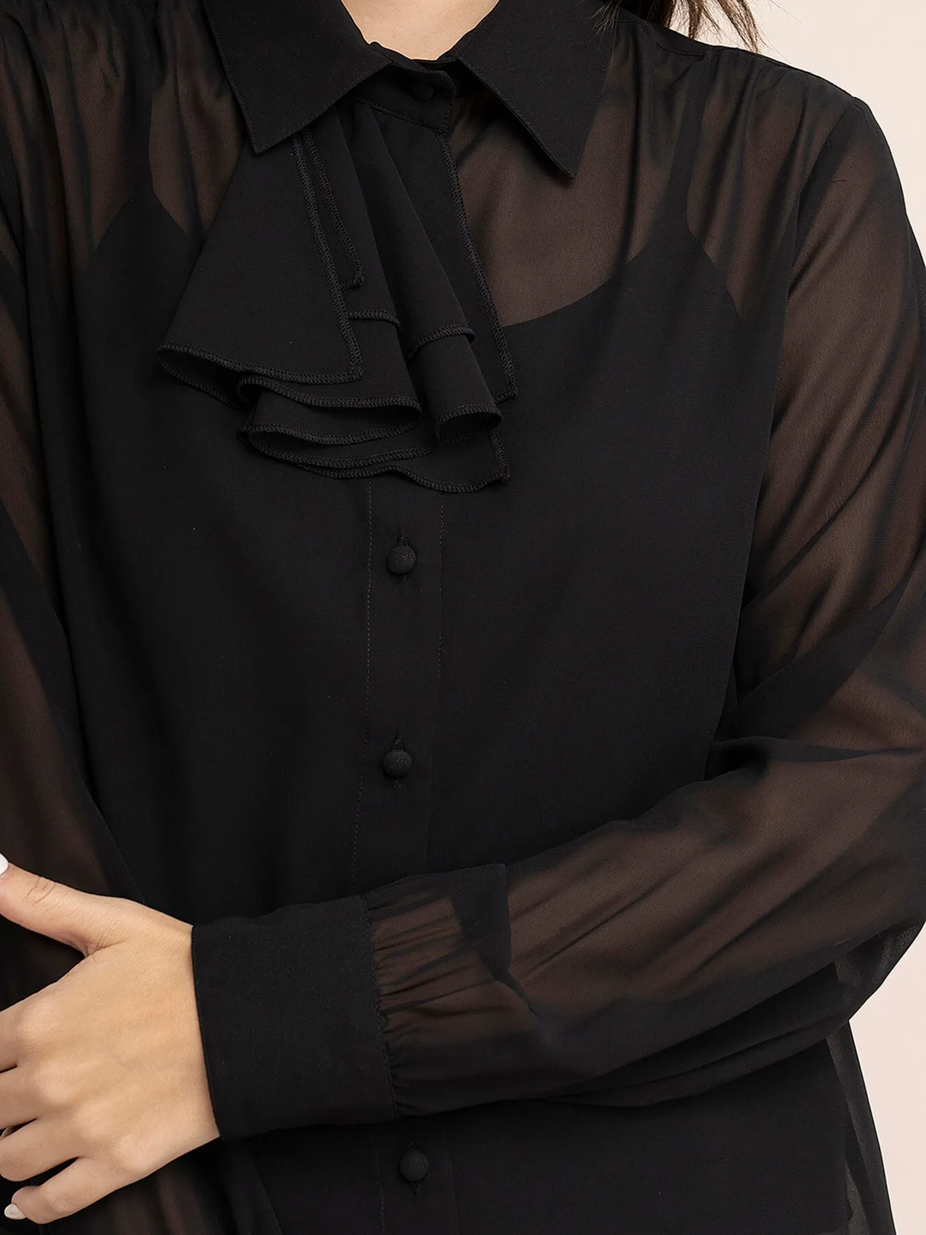 Georgette Solid Ruffle Shirt - Black