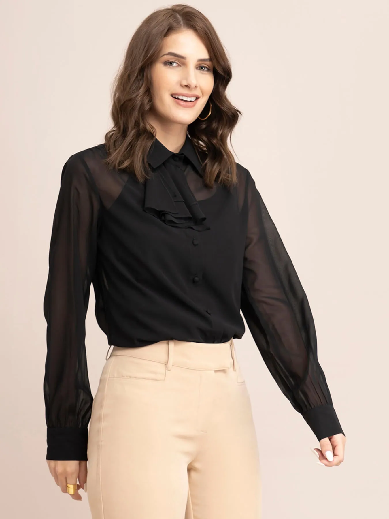 Georgette Solid Ruffle Shirt - Black