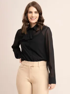 Georgette Solid Ruffle Shirt - Black