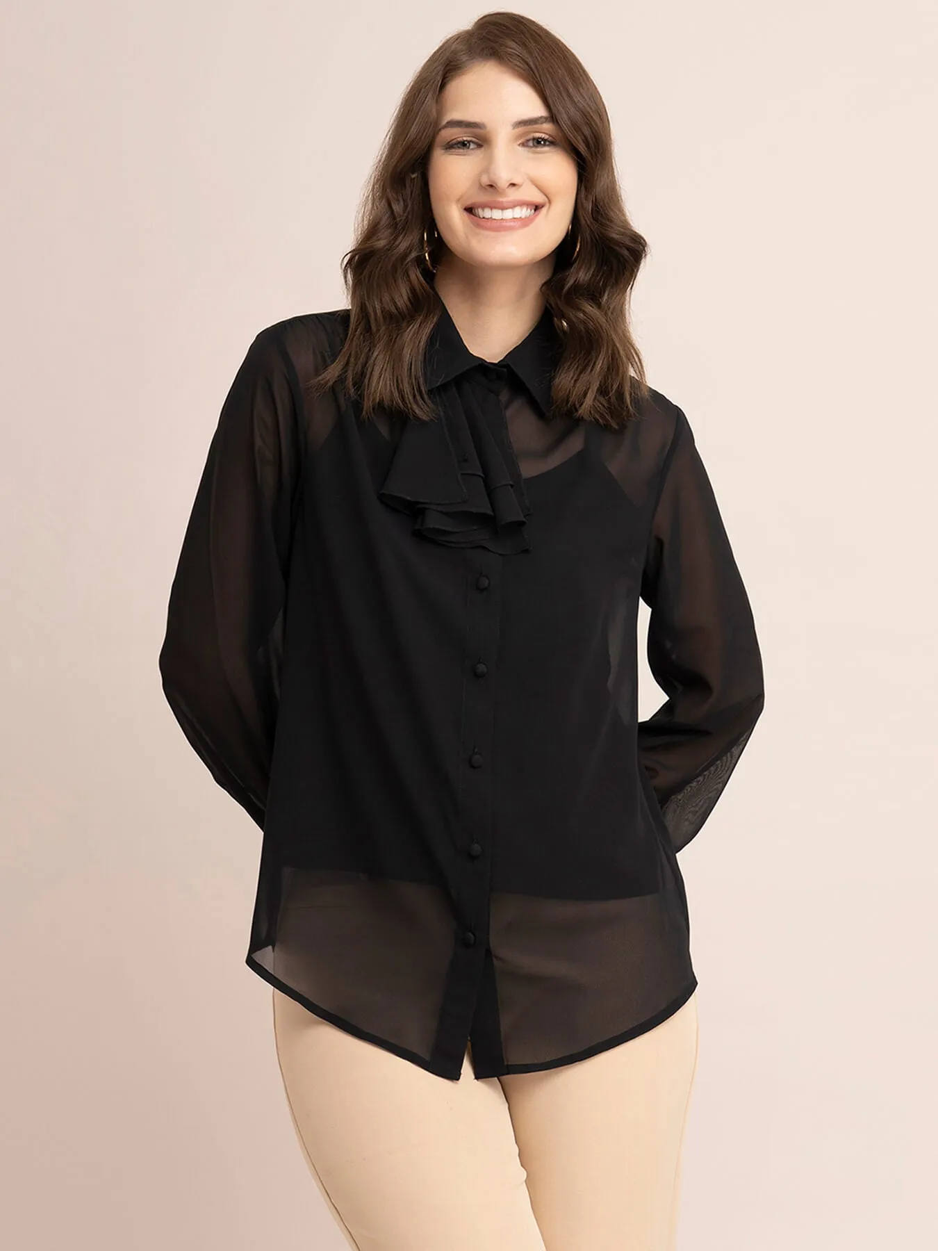 Georgette Solid Ruffle Shirt - Black