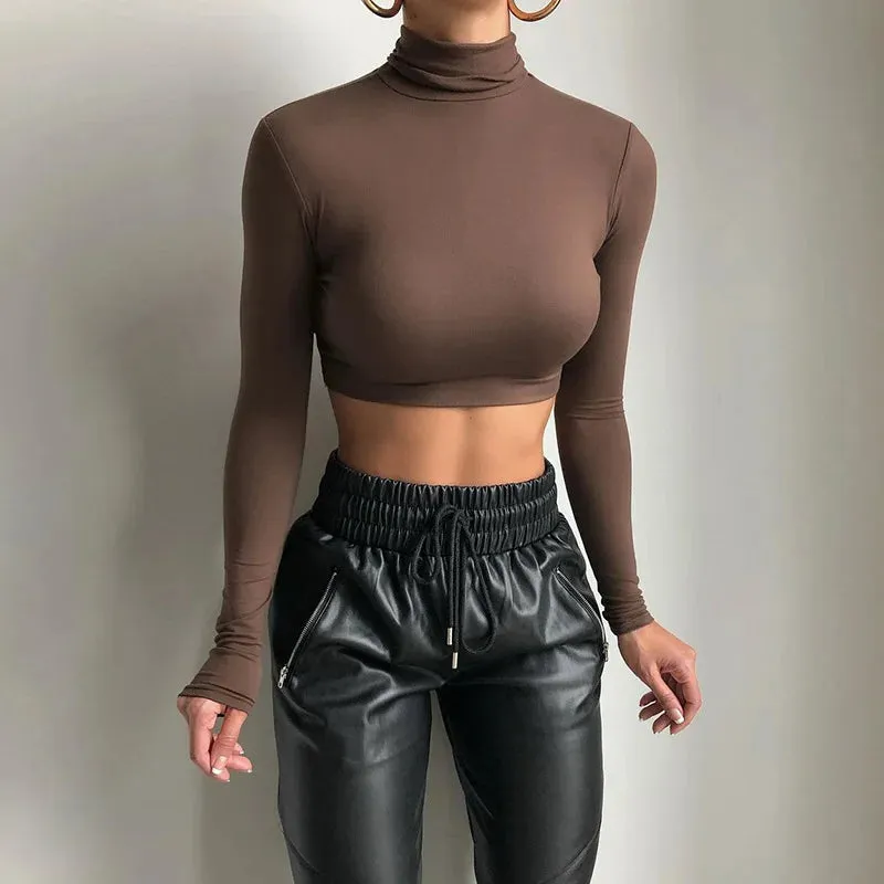 Getadme Basic Sheath Women Solid Turtleneck Tshirt Autumn Stretch Casual Undershirt Female All-match Street Activity Crop Tops