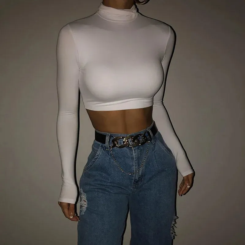 Getadme Basic Sheath Women Solid Turtleneck Tshirt Autumn Stretch Casual Undershirt Female All-match Street Activity Crop Tops