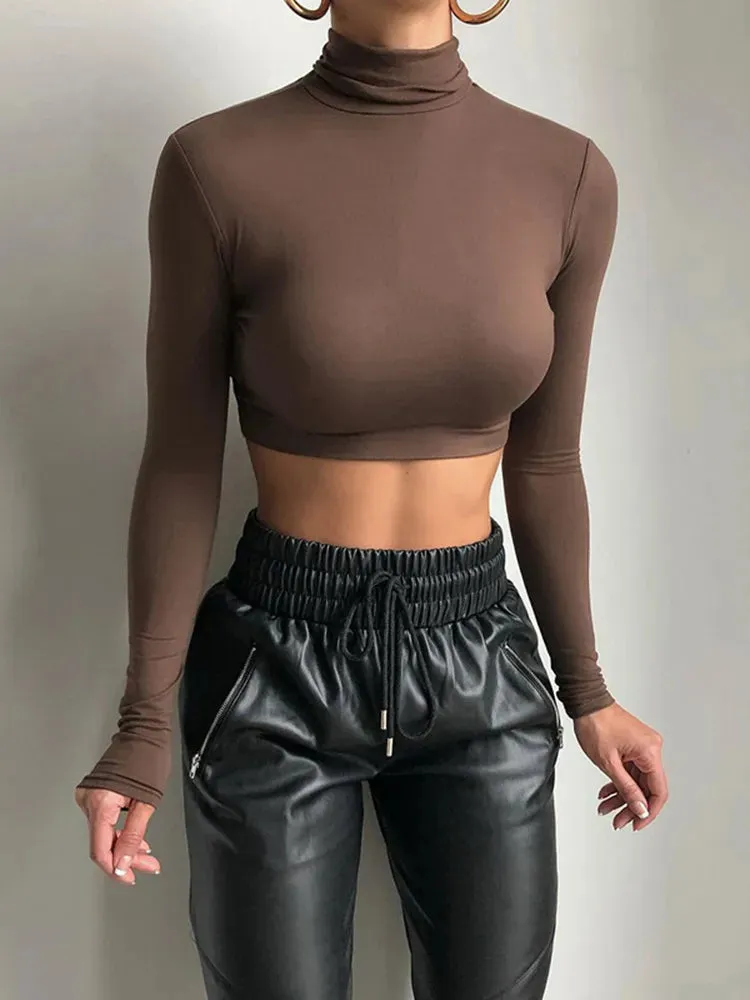 Getadme Basic Sheath Women Solid Turtleneck Tshirt Autumn Stretch Casual Undershirt Female All-match Street Activity Crop Tops