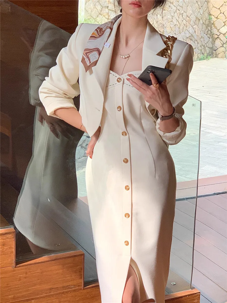 Getadme Dress Two Piece Suit Women Elegant Autumn New Fashion Evening Party Vintage Clothes Office Lady Coat and Dress Sets Suits