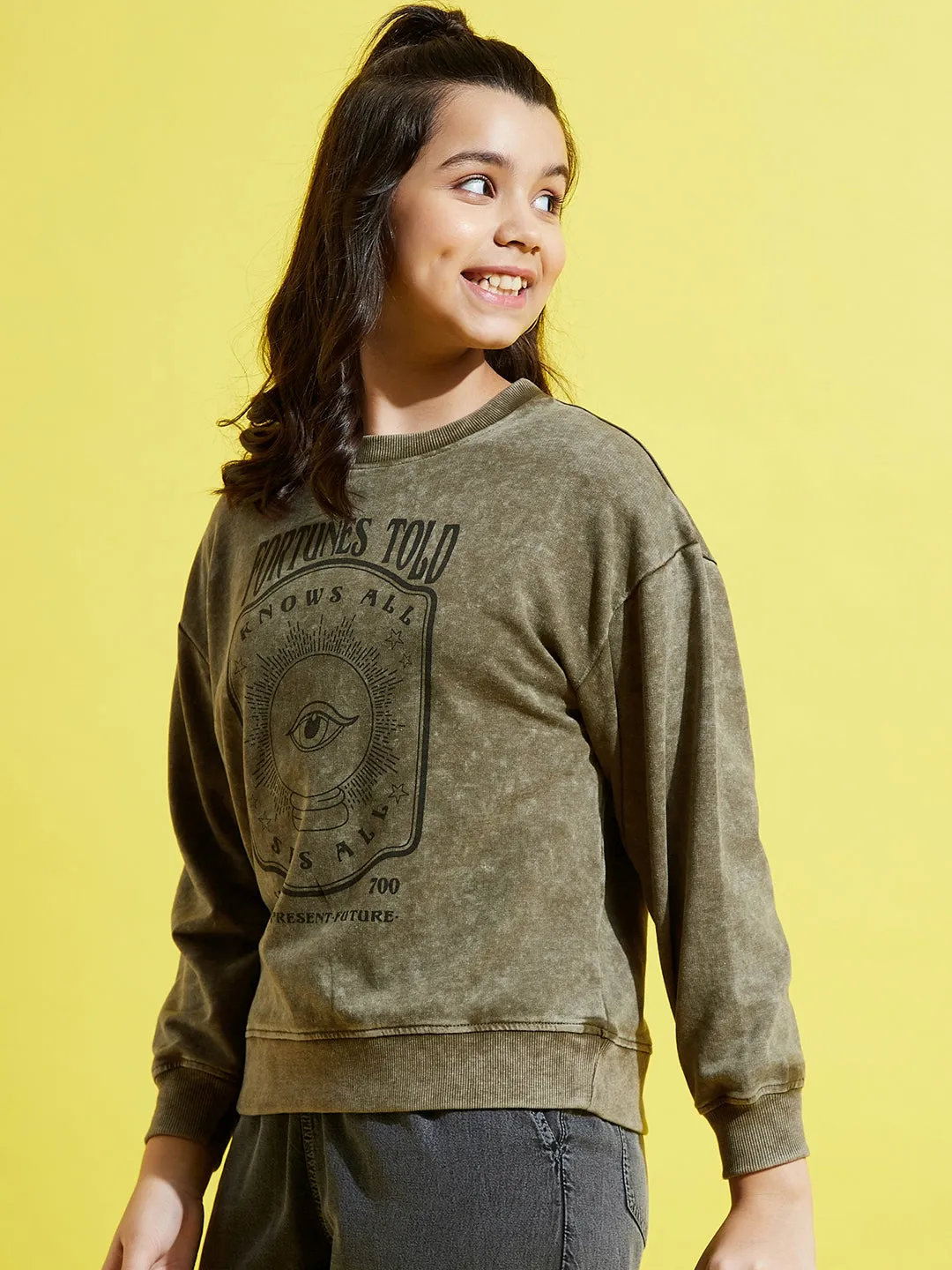 Girls Olive Terry Acid Wash Eye Print Oversize Sweatshirt