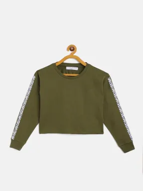 Girls Olive Terry Shoulder Tape Crop Sweatshirt