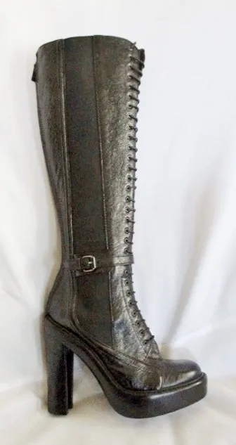 GIVENCHY ITALY LEATHER Tall Victorian Steampunk Sheath BOOT BLACK 37 6.5 Womens