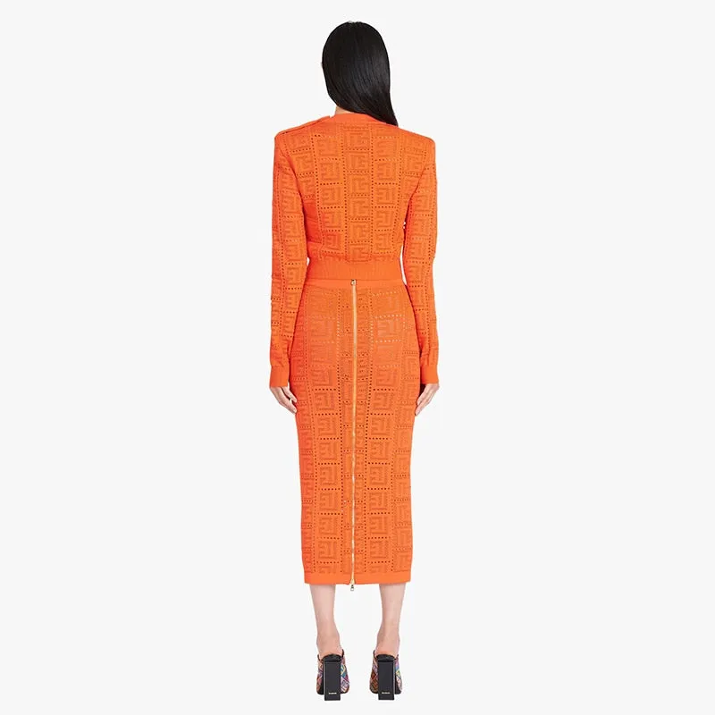 HarleyFashion Women Bodycon Orange Skirt Set Stretchy Knitting See-through Short Tops Sheath Two Piece Sets Ladies