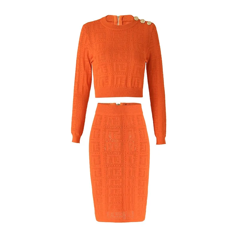 HarleyFashion Women Bodycon Orange Skirt Set Stretchy Knitting See-through Short Tops Sheath Two Piece Sets Ladies