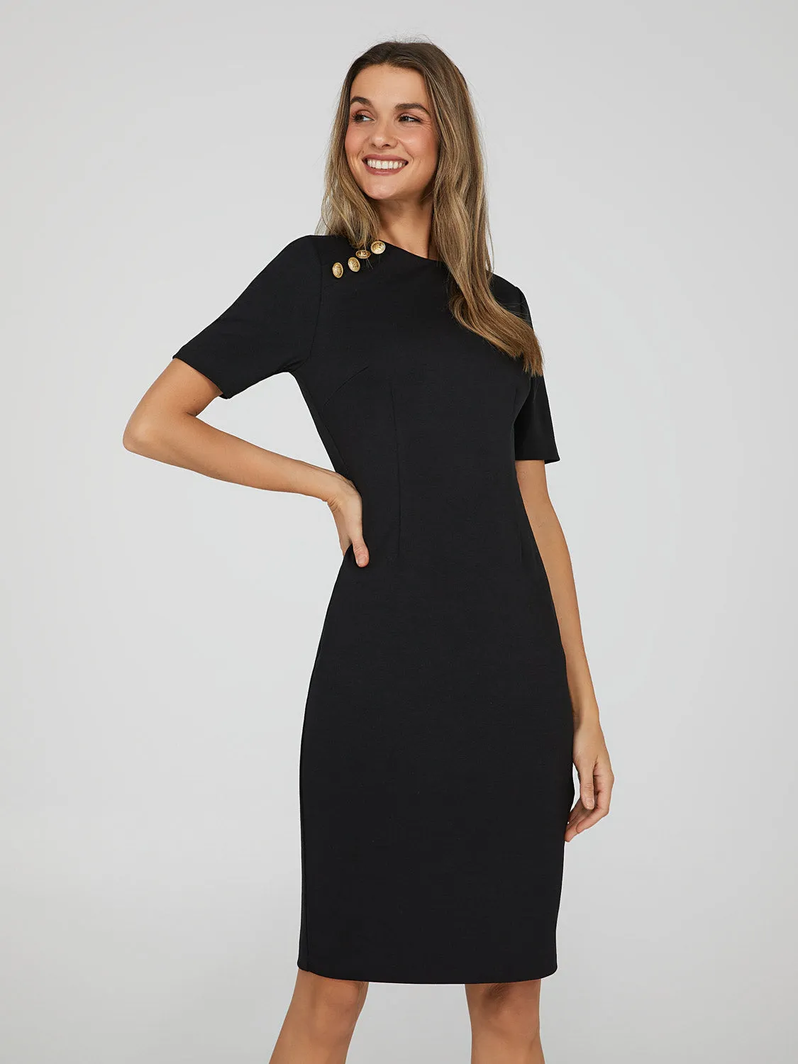 Knee Length Sheath Dress With Gold Buttons