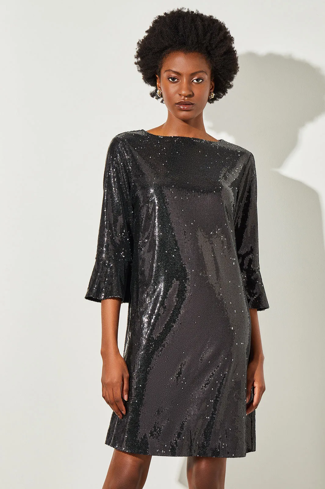 Knee Length Shift Dress - Bell Sleeve Sequin