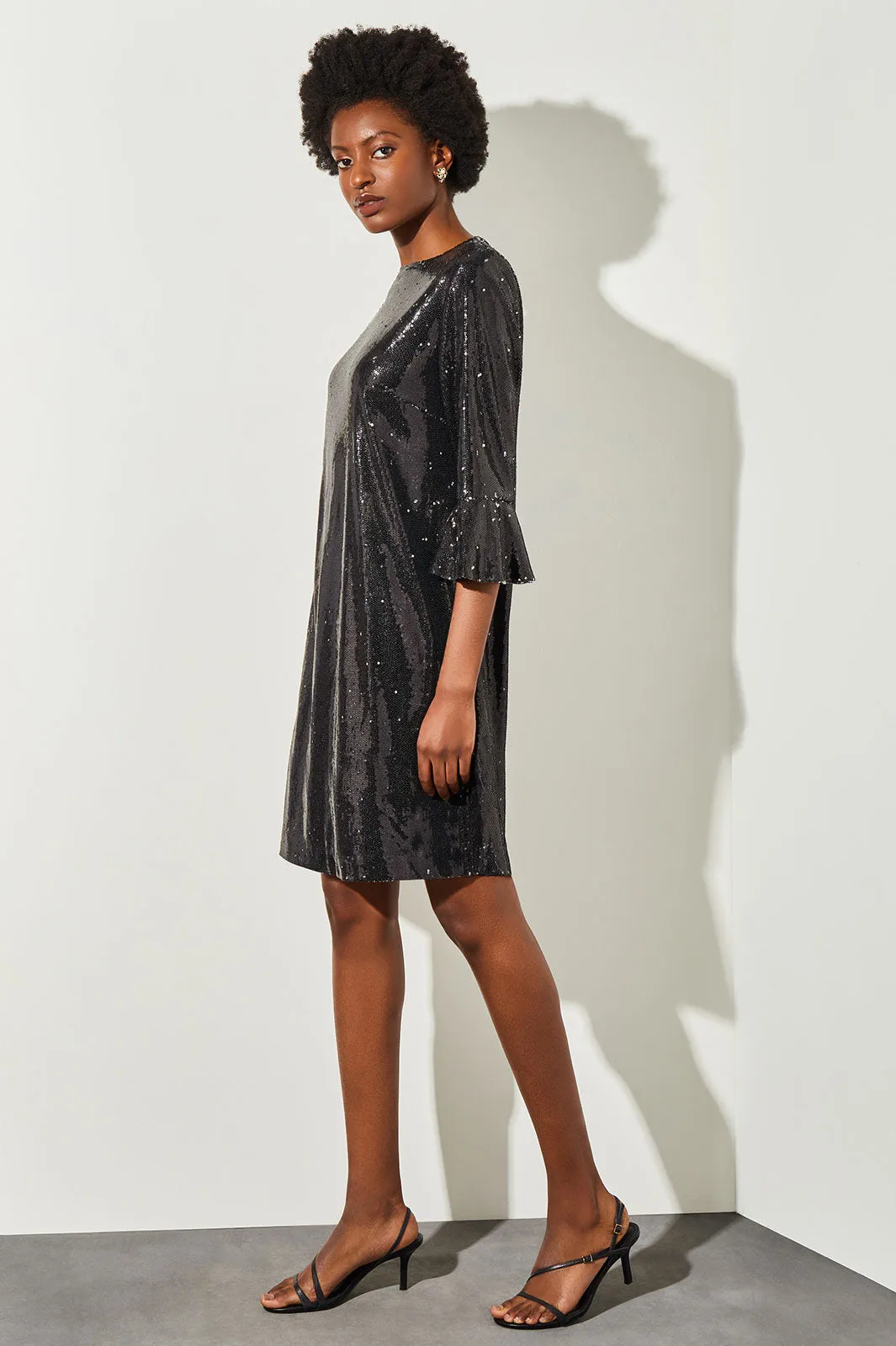 Knee Length Shift Dress - Bell Sleeve Sequin