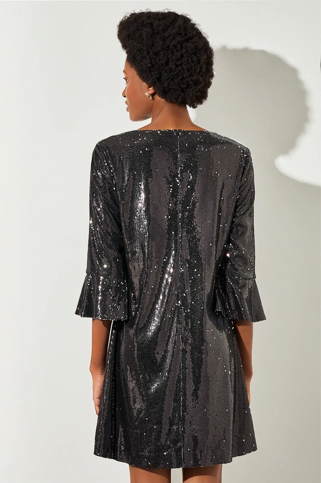 Knee Length Shift Dress - Bell Sleeve Sequin